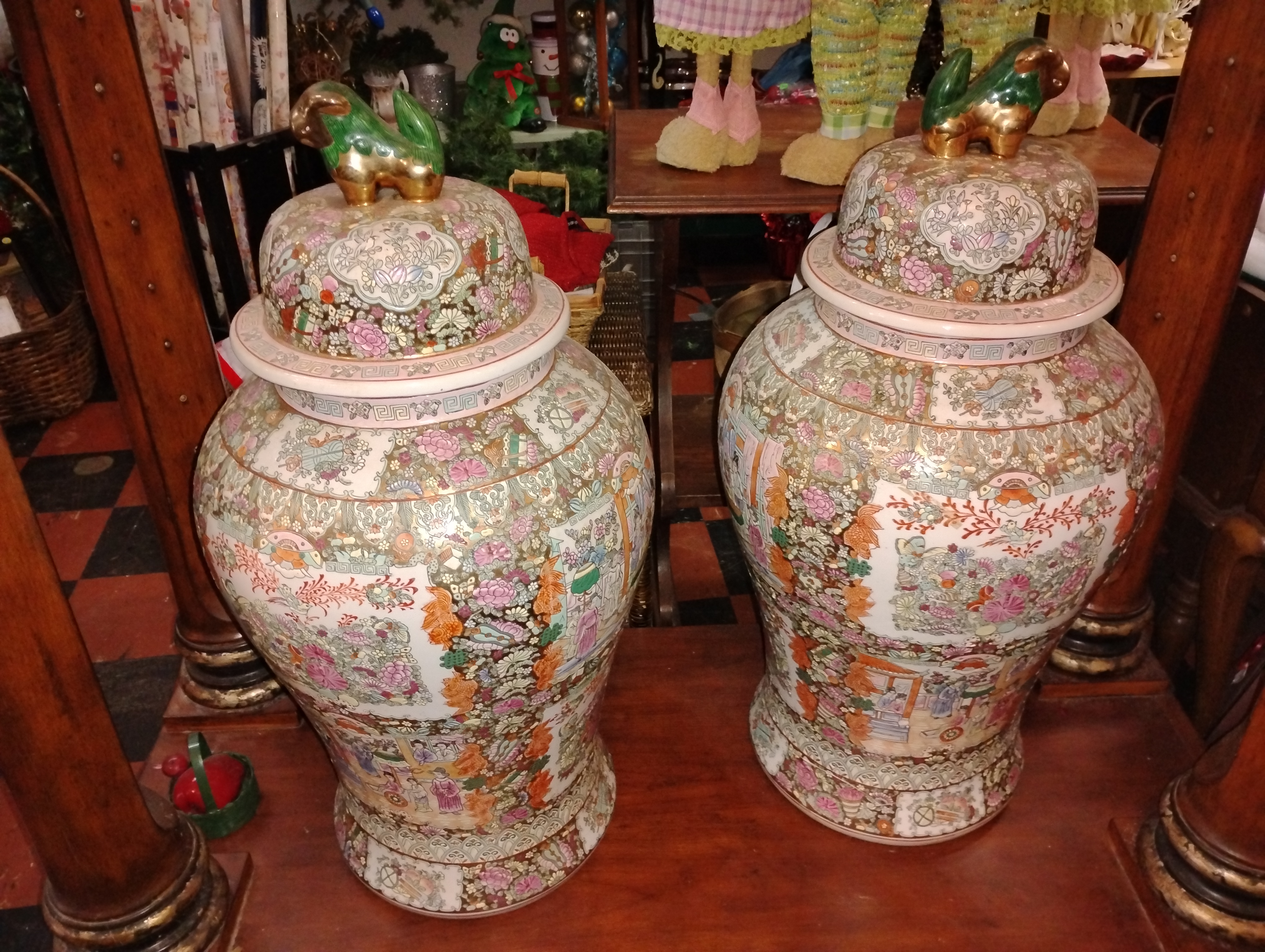 Pair of Rose Medallion Porcelain Ginger Jars with Foo Dog Lids