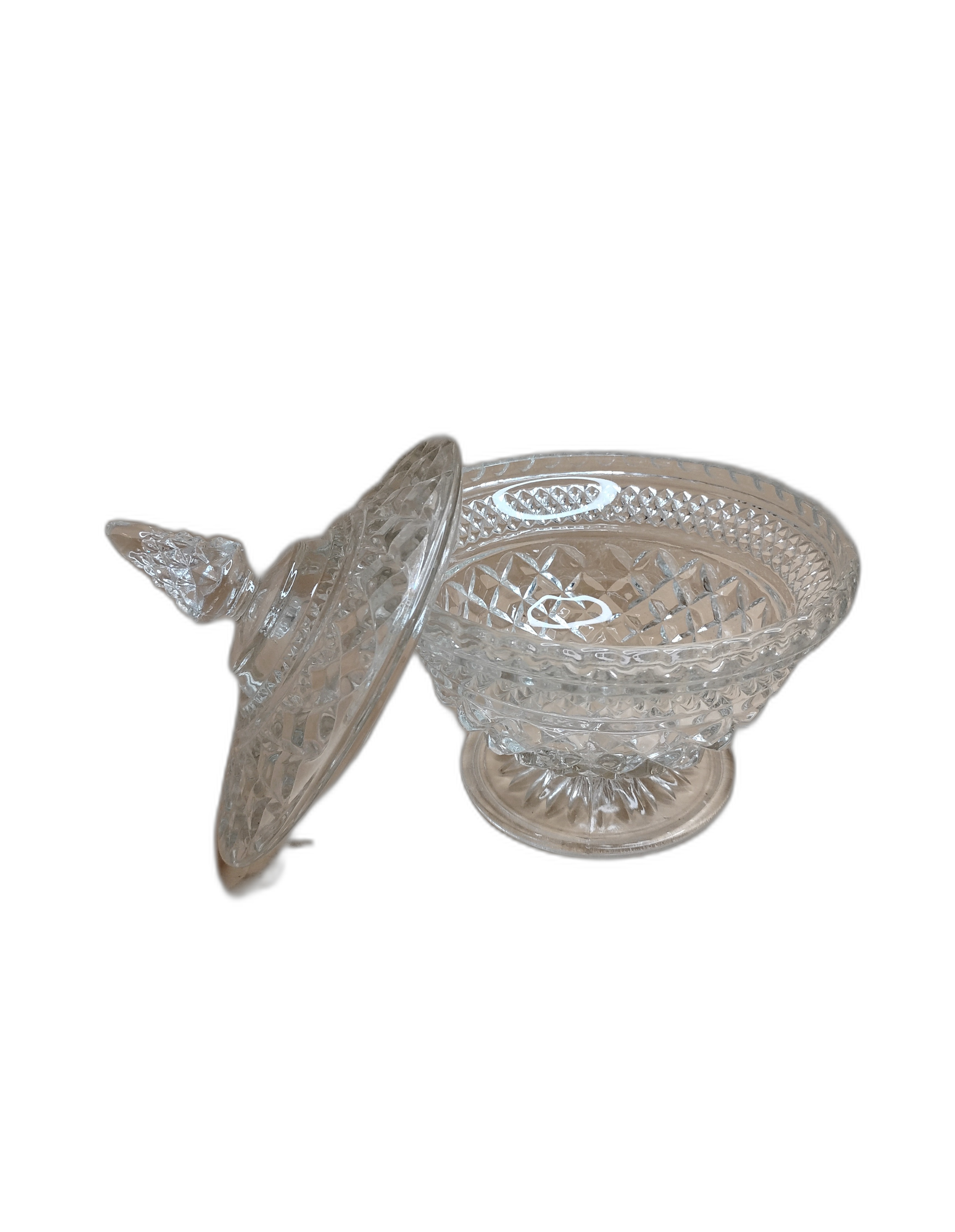 Vintage Crystal or Glass Covered Candy Dish with Ornate Pattern