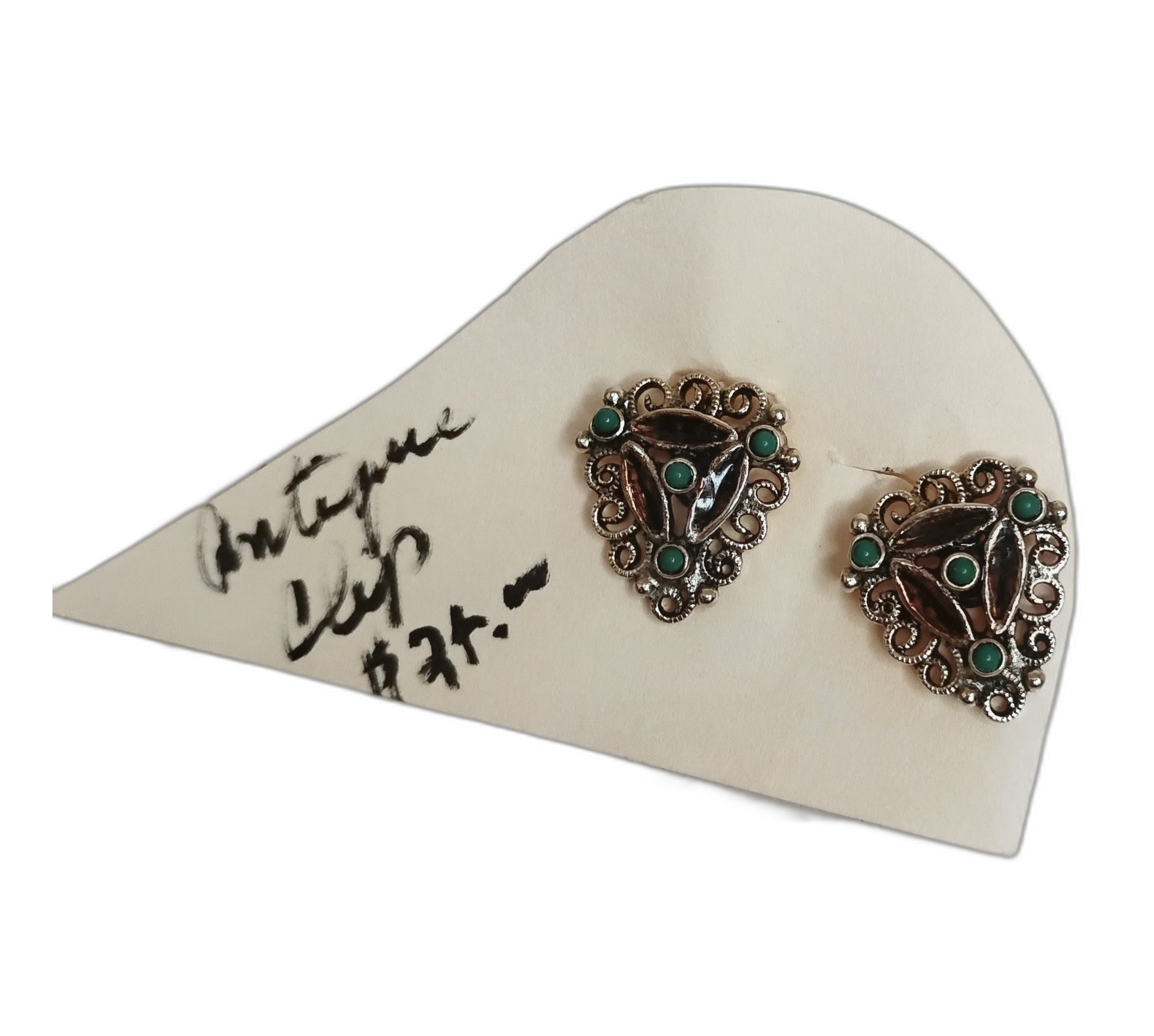 Vintage Silver Tone Clip-On Earrings with Green Stone Details