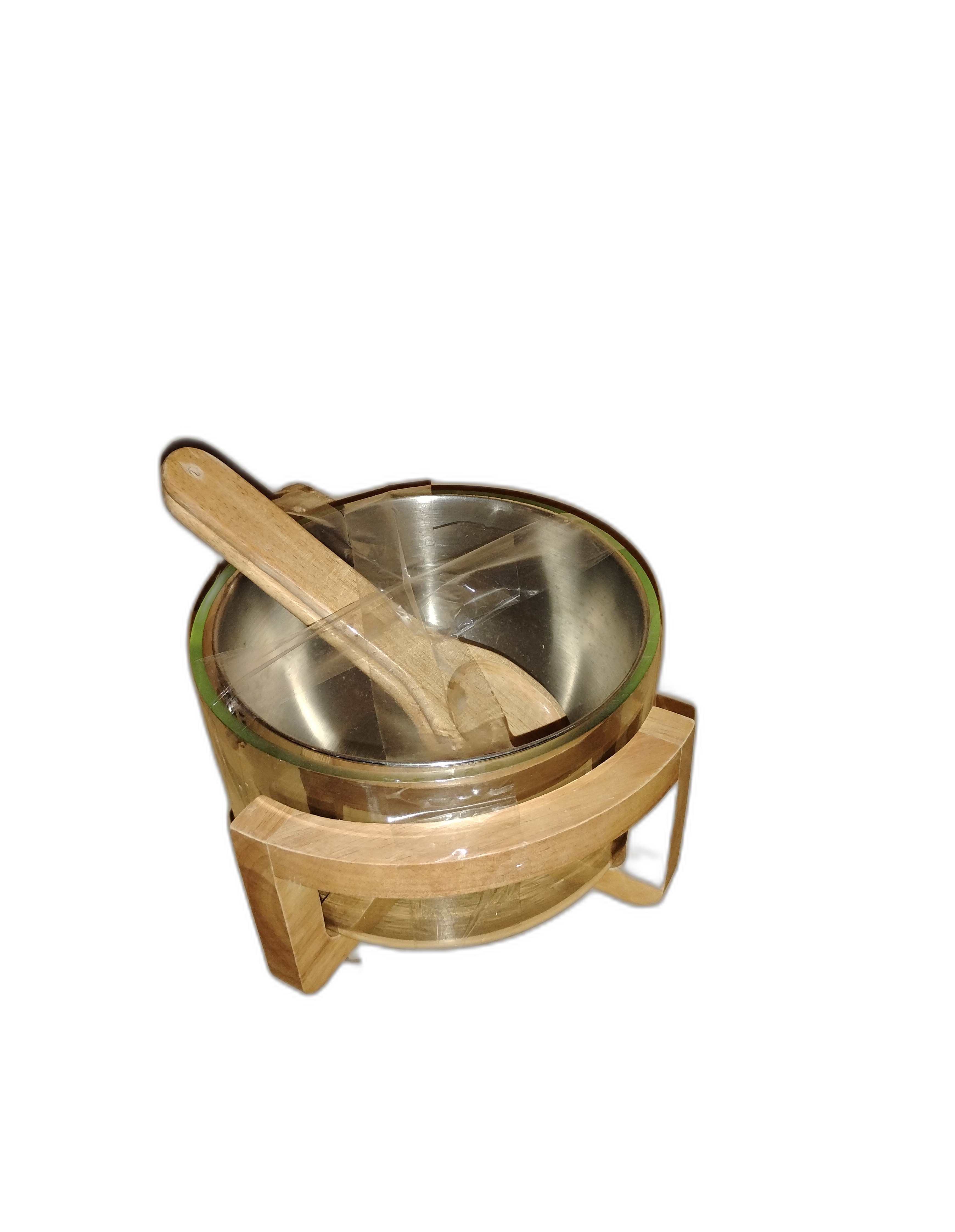 Glass metal serving,Mixing Bowl Set  in wooden stand