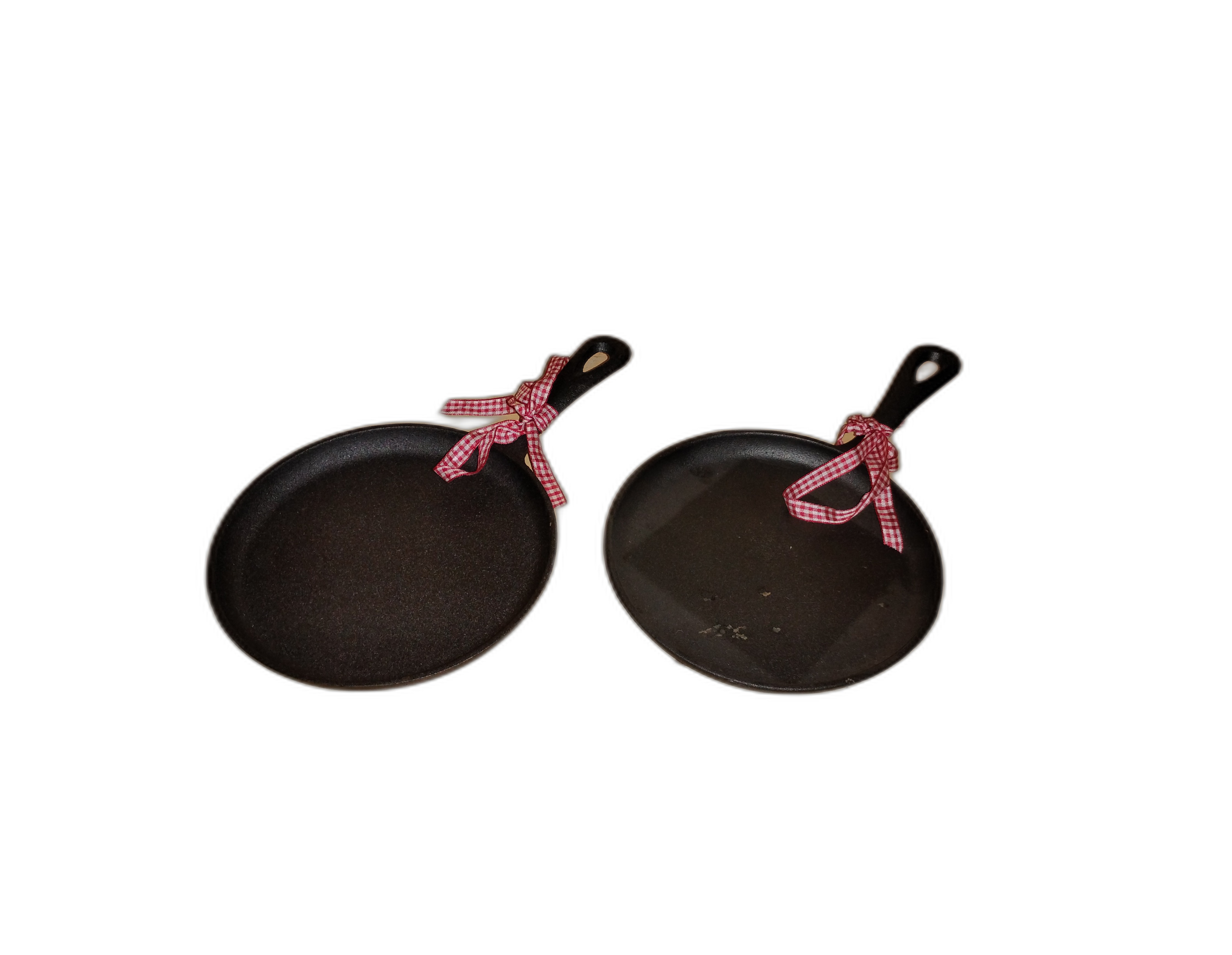 Pair,Cast Iron Skillets,new , signed ,with Red Gingham ribbon.