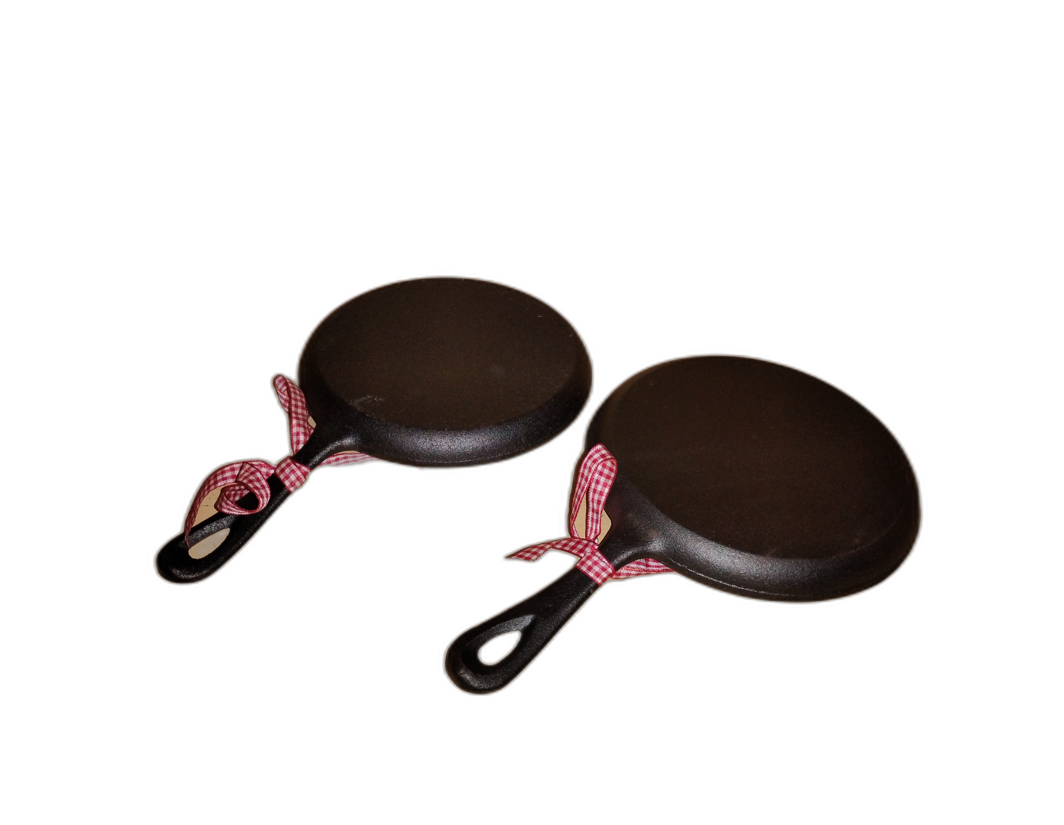 Pair,Cast Iron Skillets,new , signed ,with Red Gingham ribbon.