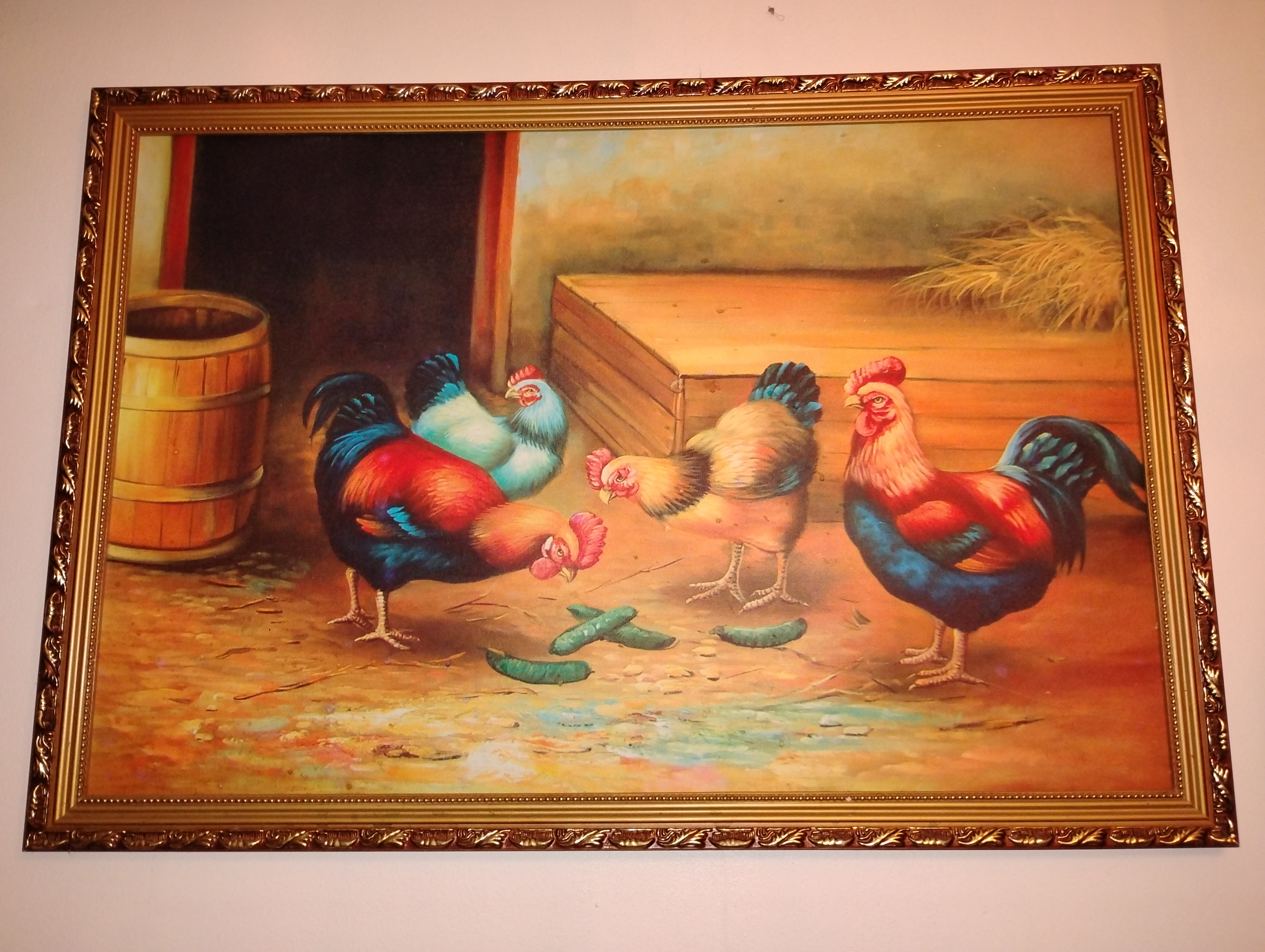Rooster Farm Scene Oil Painting