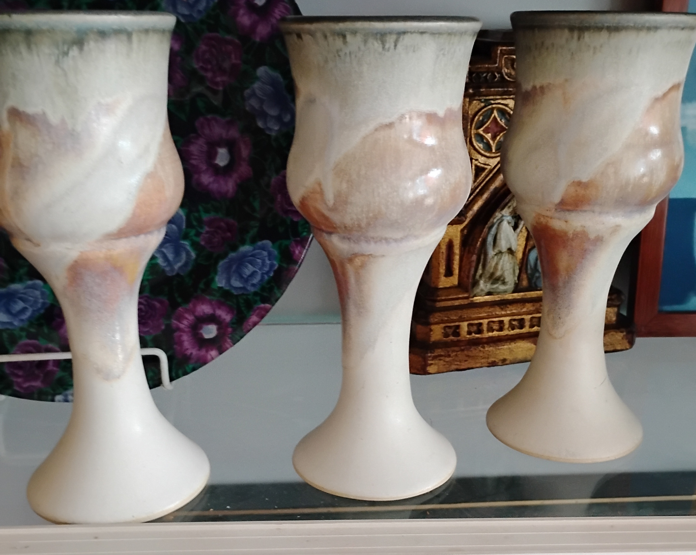 Set of 3 clay Goblet s, signed,rose,rust,cream